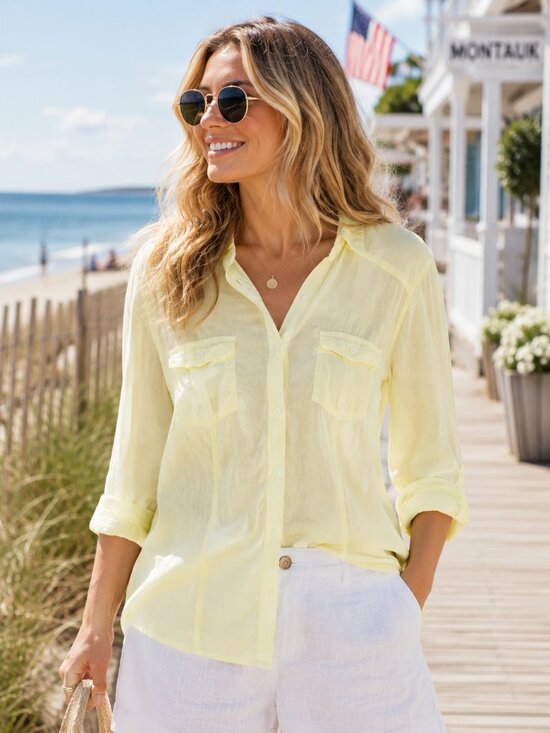 American Eagle Outfitters Tops - AE Women's Sheer‎ Yellow Button Up Shirt Size 16 Y2k Coastal Boho Beach Coverup